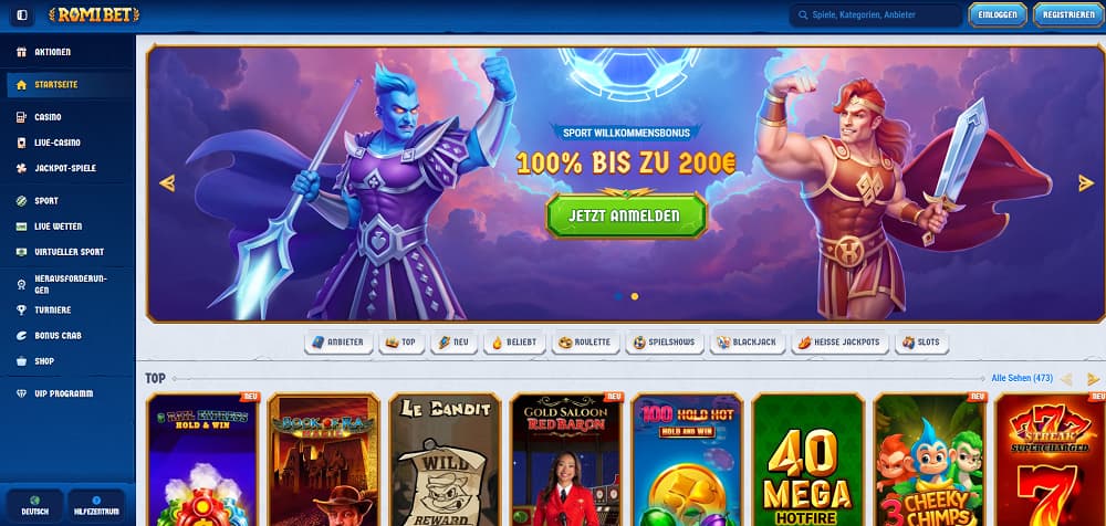 Romibet Casino-Startseite mit lebhaftem Design und animierten roten und blauen Kriegern, die einen 100 % Sportbonus bis zu 200 € bewerben. Die Oberfläche bietet Navigation für Casino, Live-Spiele, Jackpots, Sportwetten, Turniere und Top-Slots wie Book of Dead und Reel Rush.